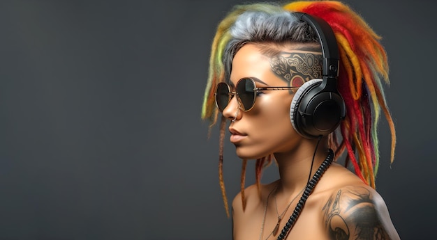 Sztandar z punkową kobietą z długą kolorową rasta słuchającą muzyki ai generatywną ilustracją