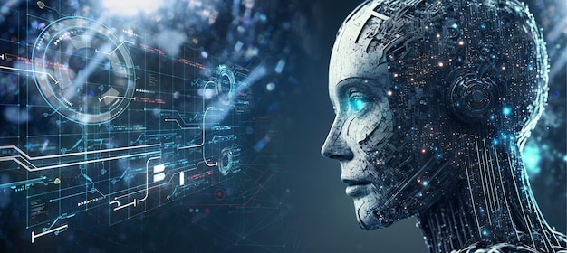 Sztuczna inteligencja AI analizuje duże zbiory danych w koncepcji inteligentnego biura Robot AI i algorytmy zastępujące pracowników ludzkich w wielu branżach