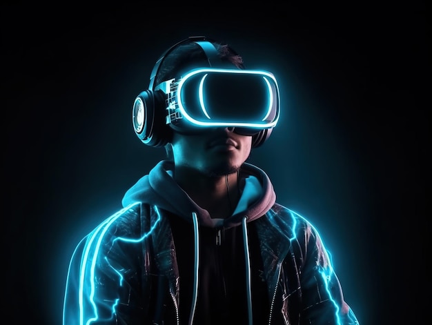 Sztuczna inteligencja AI człowiek w okularach VR wirtualny globalny świat połączenie internetowe i nowe doświadczenie w przyszłym metaverse Koncepcja technologii Metaverse innowacja futurystycznego