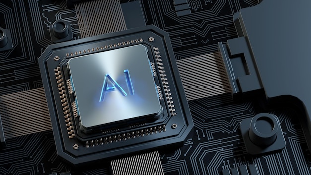 Sztuczna inteligencja AI sieć neuronowa cyfrowa maszyna mózgowa przetwarzanie głębokiego uczenia się technologia analizy dużych danych połączenie górnictwo chipset na płytce drukowanej futurystyczny rendering 3d