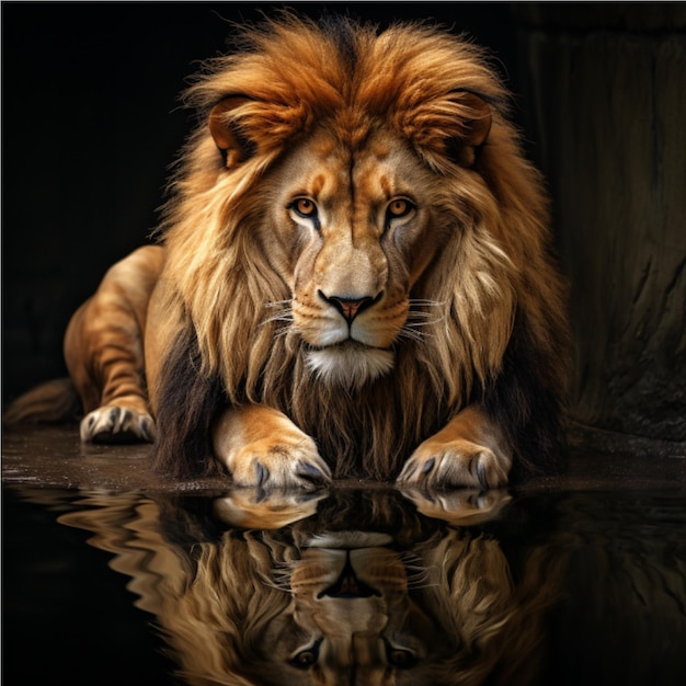 Sztuczna inteligencja dorosłego zaciekłego lwa wpatrującego się w odbicie portretu