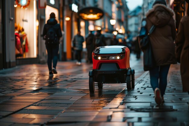 Sztuczna inteligencja dostarczanie czerwony robot usługa jazdy w mieście dostarczanie jedzenia