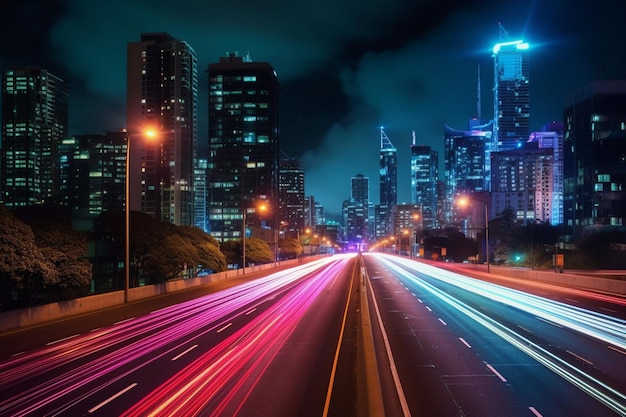 Sztuczna inteligencja Dynamiczny pejzaż nocą ze smugami światła przejeżdżających samochodów