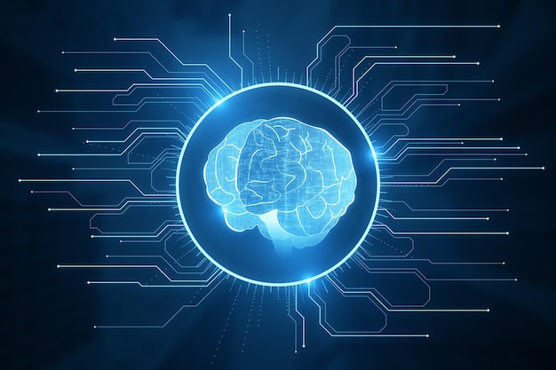 Sztuczna inteligencja eksploracja danych i koncepcja uczenia maszynowego z cyfrowym neonowym ludzkim mózgiem na ciemnoniebieskim tle z renderowaniem 3D mikroukładów