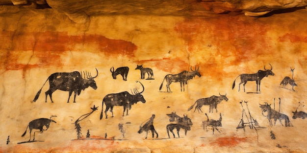Sztuczna inteligencja Generowana prymitywna historyczna kamienna ściana jaskini przedstawiająca polowanie na zwierzęta
