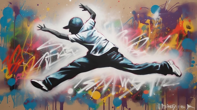 Sztuczna inteligencja Generowana przez sztuczną inteligencję Graffiti w stylu street art przedstawiające tańczącą osobę Rytm muzyczny Zainspirowany podziemną kulturą Banksy'ego Grafiki