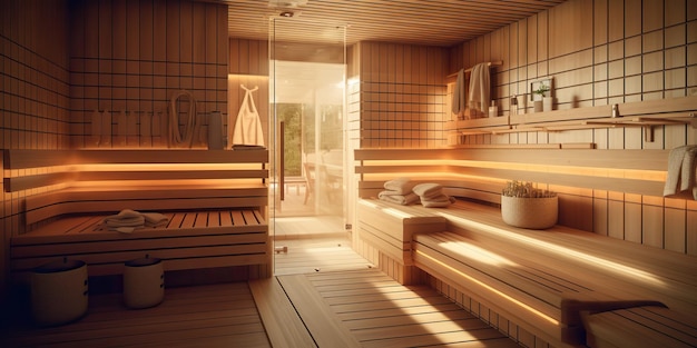 Sztuczna inteligencja generowana przez sztuczną inteligencję Nowoczesna, luksusowa domowa sauna parowa ciepła spa w stylu drewna