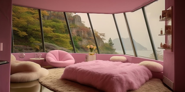 Sztuczna inteligencja generowana przez sztuczną inteligencję Różowa luksusowa sypialnia z widokiem przez okno na las na zewnątrz