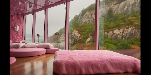Sztuczna inteligencja generowana przez sztuczną inteligencję Różowa luksusowa sypialnia z widokiem przez okno na las na zewnątrz
