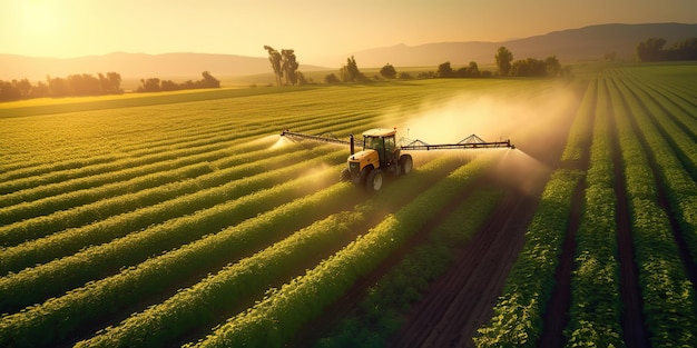 Sztuczna inteligencja generowana przez sztuczną inteligencję Zdjęcie z drona powietrznego przedstawiająca traktor rozpylający pestycydy na polu