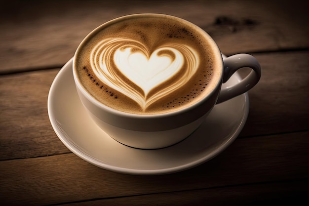Sztuczna inteligencja generowana z gorącą sztuką kawy latte w filiżance na drewnianym stole i kawiarni rozmycie tła