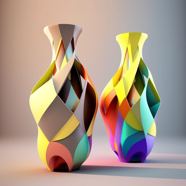 Sztuczna inteligencja generuje zdjęcie dwóch wielokolorowych elektrycznych wazonów o geometrycznych kształtach na tle cieni