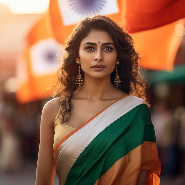 Sztuczna inteligencja Genrated Indianka w tradycyjnym sari z flagą narodową