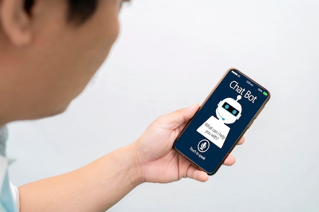 Sztuczna Inteligencja Koncepcja Bota Czatu Ai Ręce Trzymające Telefon Komórkowy Na Niewyraźnym Abstrakcyjnym Tle Chatbot Odpowiadający Na Pytania Pomoc Asystenta Robota Online Na Stronie Internetowej