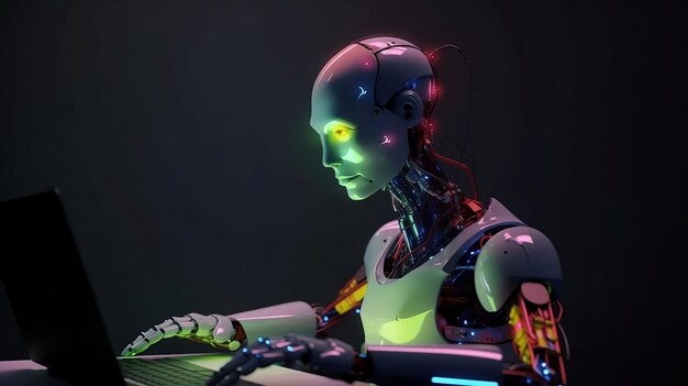 Sztuczna inteligencja lub robot AI android siedzący przy biurku pracujący w biurze korporacyjnym