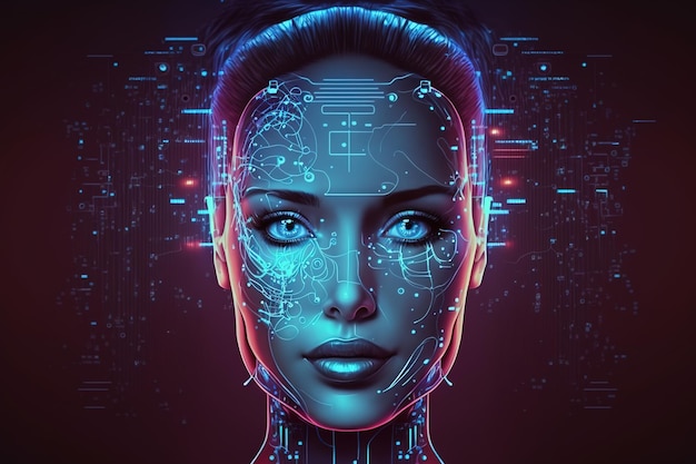Sztuczna inteligencja na obrazie kobiety pracującej z futurystyczną nowoczesną ilustracją danych