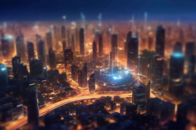 Sztuczna inteligencja patrząca na inteligentne miasto AI kontroluje infrastrukturę miejską generatywną ai