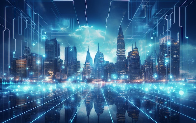 Sztuczna inteligencja przyglądająca się inteligentnemu miastu AI kontroluje ruch danych w infrastrukturze miejskiej