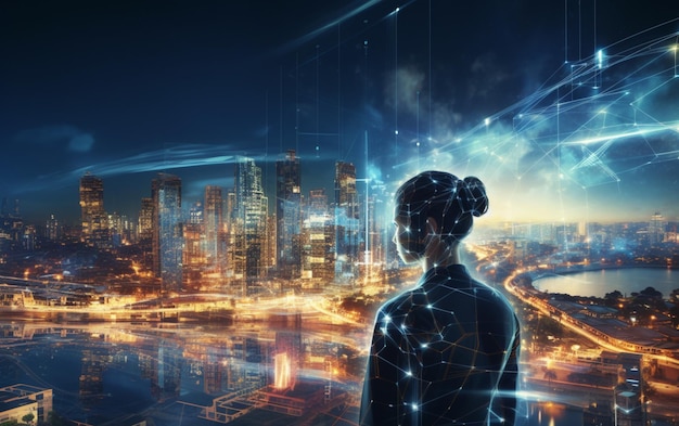 Sztuczna inteligencja przyglądająca się inteligentnemu miastu AI kontroluje ruch danych w infrastrukturze miejskiej