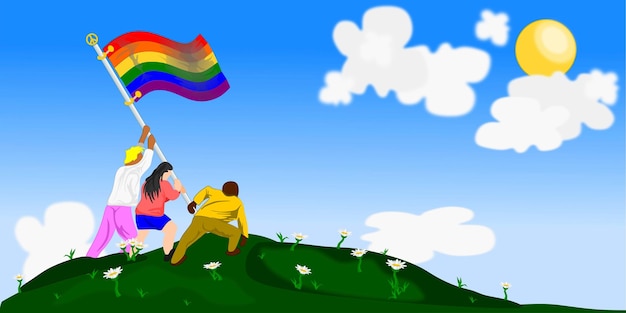 Sztuczna inteligencja stworzyła ilustrację przedstawiającą osoby walczące o podniesienie tęczowej flagi LGBT na wzgórzu