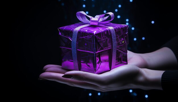 Zdjęcie sztuczna inteligencja trzyma fioletowy dar z czarnym tłem