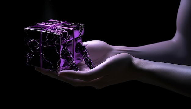 Zdjęcie sztuczna inteligencja trzyma fioletowy prezent na czarnym tle