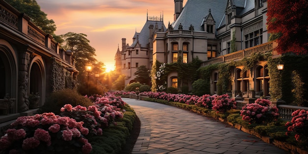 Sztuczna inteligencja wygenerowała AI Generative Asheville NC o wschodzie słońca w mieście Biltmore House and Gardens