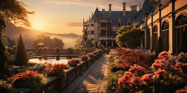 Sztuczna inteligencja wygenerowała AI Generative Asheville NC o wschodzie słońca w mieście Biltmore House and Gardens