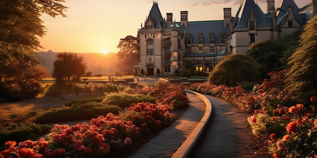 Sztuczna inteligencja wygenerowała AI Generative Asheville NC o wschodzie słońca w mieście Biltmore House and Gardens