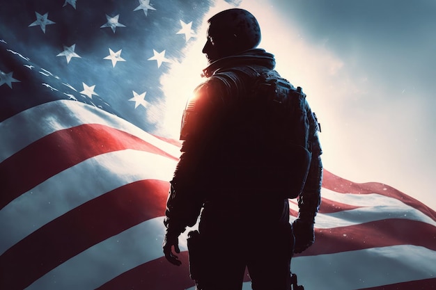 Sztuczna inteligencja wygenerowała amerykańskiego bohatera patriotę na ciemnym tle flagi USA wiejący wiatr