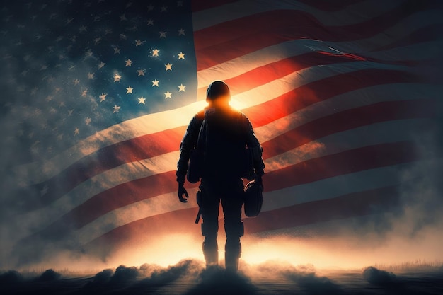 Sztuczna inteligencja wygenerowała amerykańskiego bohatera patriotę na ciemnym tle flagi USA wiejący wiatr