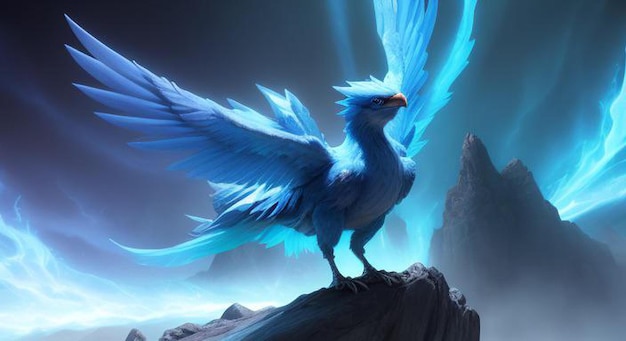 Sztuczna inteligencja wygenerowała dużego, lodowoniebieskiego ptaka w świecie fantasy