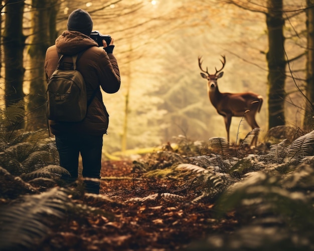 Zdjęcie sztuczna inteligencja wygenerowała ilustrację fotografa, który fotografuje dzikiego jelenia kamerą