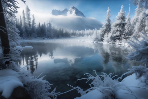 Sztuczna inteligencja wygenerowała ilustrację nieskazitelnego zimowego krajobrazu z pokrytym śniegiem lasem i spokojnym jeziorem