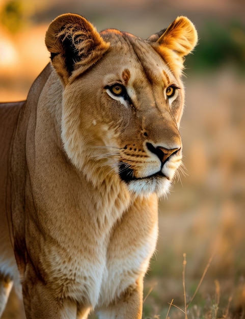 Sztuczna inteligencja wygenerowała ilustrację przedstawiającą afrykańską lwicę oświetloną ciepłym światłem pięknego poranka