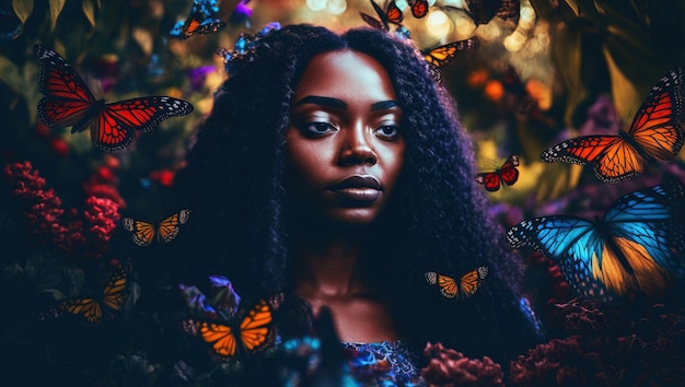 Sztuczna inteligencja wygenerowała ilustrację przedstawiającą piękną czarną kobietę w ogrodzie otoczonym kolorowymi motylami