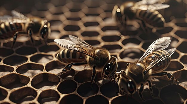 Zdjęcie sztuczna inteligencja wygenerowała ilustrację ula z kilkoma pszczołami spoczywającymi na plastrze miodu