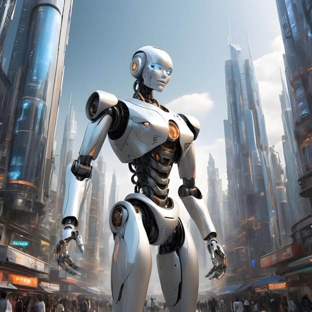 Sztuczna inteligencja wygenerowała obraz robota w mieście.