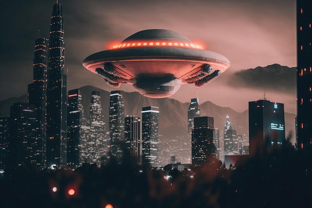 Sztuczna inteligencja wygenerowała obraz UFO o wysokim kontraście nad miastem nocą z promieniami świetlnymi