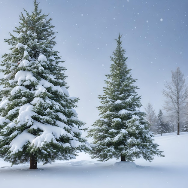 Sztuczna inteligencja wygenerowała obraz zimowej sceny z pokrytym płatkami śniegu lasem i świerkiem