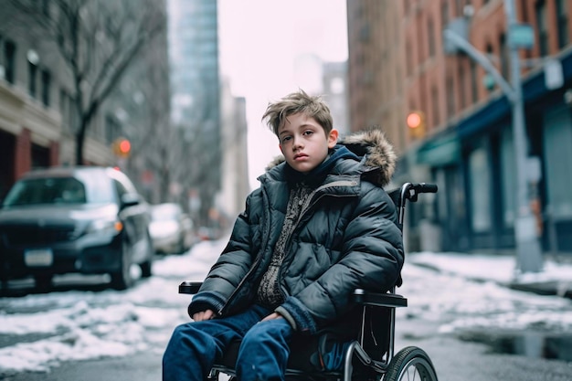 Sztuczna inteligencja wygenerowała portret szczerego, autentycznego, niepełnosprawnego, smutnego chłopca na wózku inwalidzkim w zimie na świeżym powietrzu.