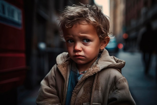 Sztuczna inteligencja wygenerowała portret szczerego, autentycznego, przestraszonego, bezdomnego małego chłopca na tle miejskiej ulicy