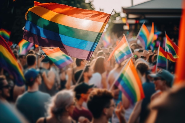 Sztuczna inteligencja wygenerowała tęczowe flagi społeczności LGBT wiejące na wietrze na ulicy gejowskiej parady