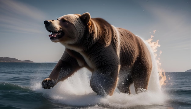 Sztuczna inteligencja wygenerowała wielkiego brązowego niedźwiedzia w pożarze na oceanie.