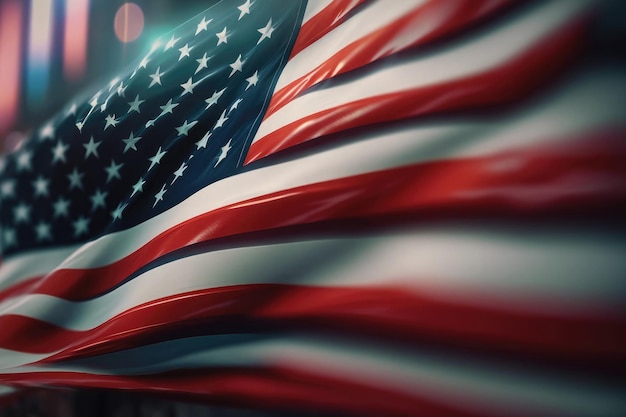 Sztuczna inteligencja wygenerowała zbliżenie grunge vintage ciemnej flagi amerykańskiej wiejący wiatr w dzień niepodległości USA
