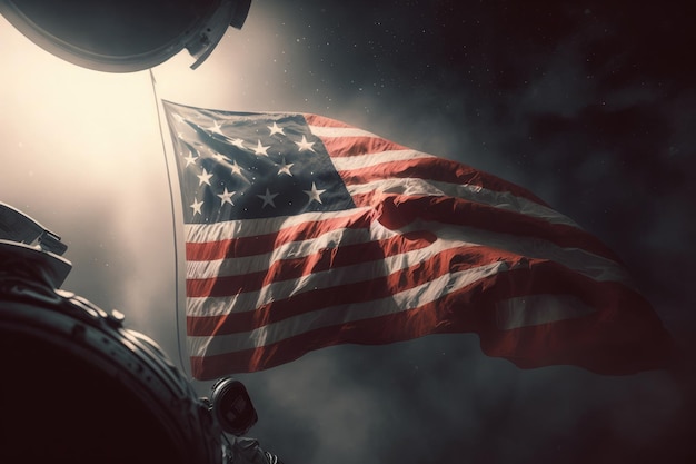 Sztuczna inteligencja wygenerowała zbliżenie grunge vintage ciemnej flagi amerykańskiej wiejący wiatr w dzień niepodległości USA