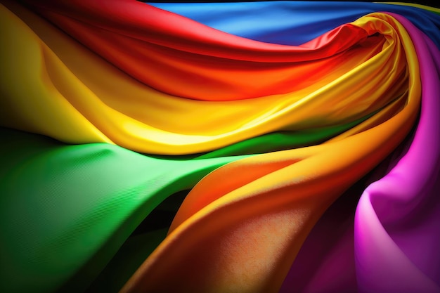 Sztuczna inteligencja wygenerowała zbliżenie tęczowej flagi społeczności LGBT wiejącej na wietrze z dużymi falami