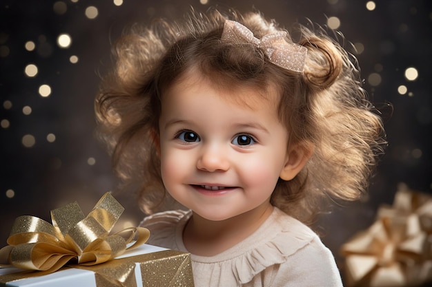 Sztuczna inteligencja wygenerowała zdjęcie szczęśliwego uroczego dziecka z noworocznym prezentem, gwiazdkami świątecznymi na tle.