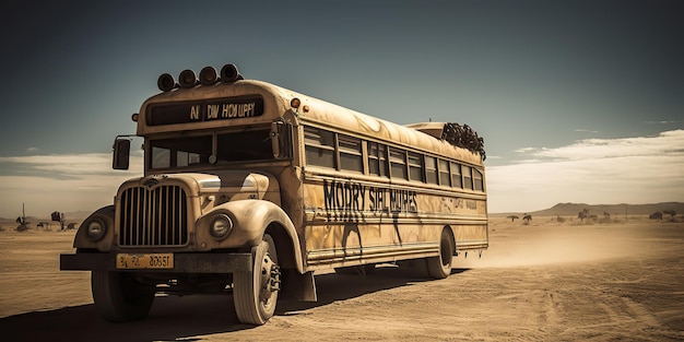 Sztuczna inteligencja wygenerowana przez sztuczną inteligencję Fotorealistyczna ilustracja przedstawiająca jazdę autobusem po pustyni