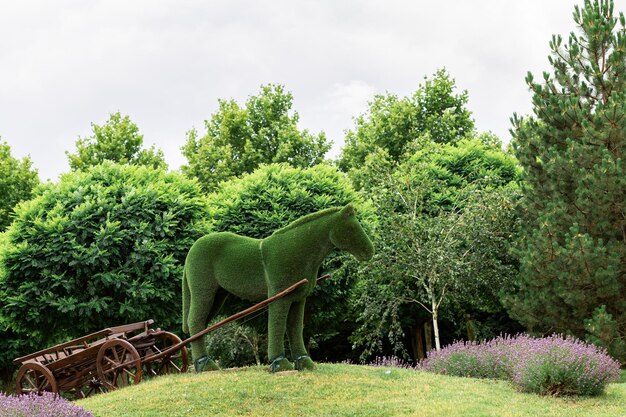 Sztuczna trawa Green Horse Figura Topiary z drewnianym wózkiem w ogrodzie